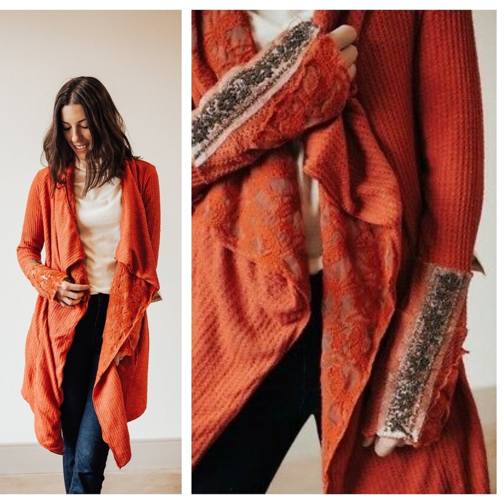 Anthropology ARATTA Silent Journey Shawl Waffle Cardigan Burnt Orange.